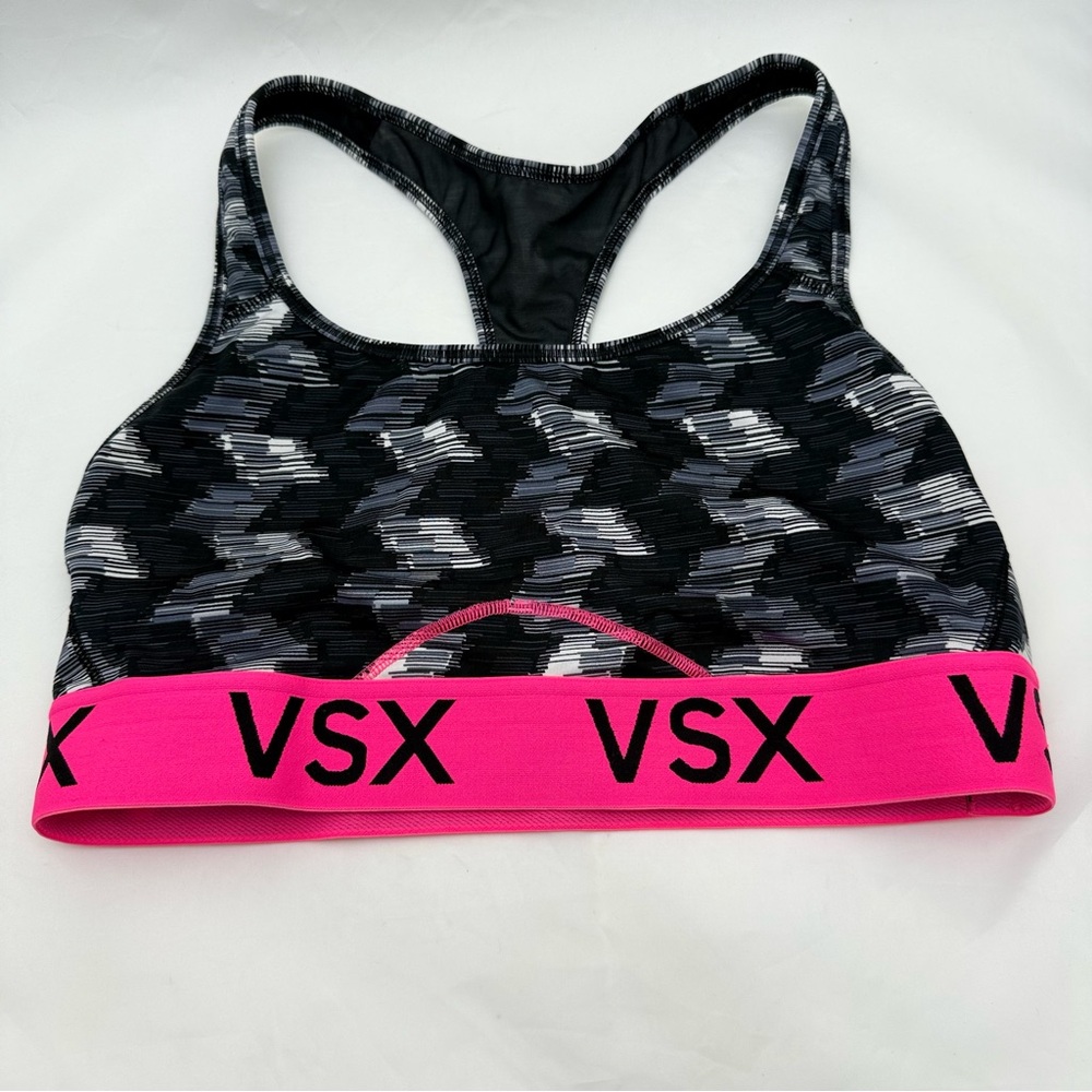 Victoria’s Secret VSX Sports Bra Medium Black Gray Pink Logo Band Racerback